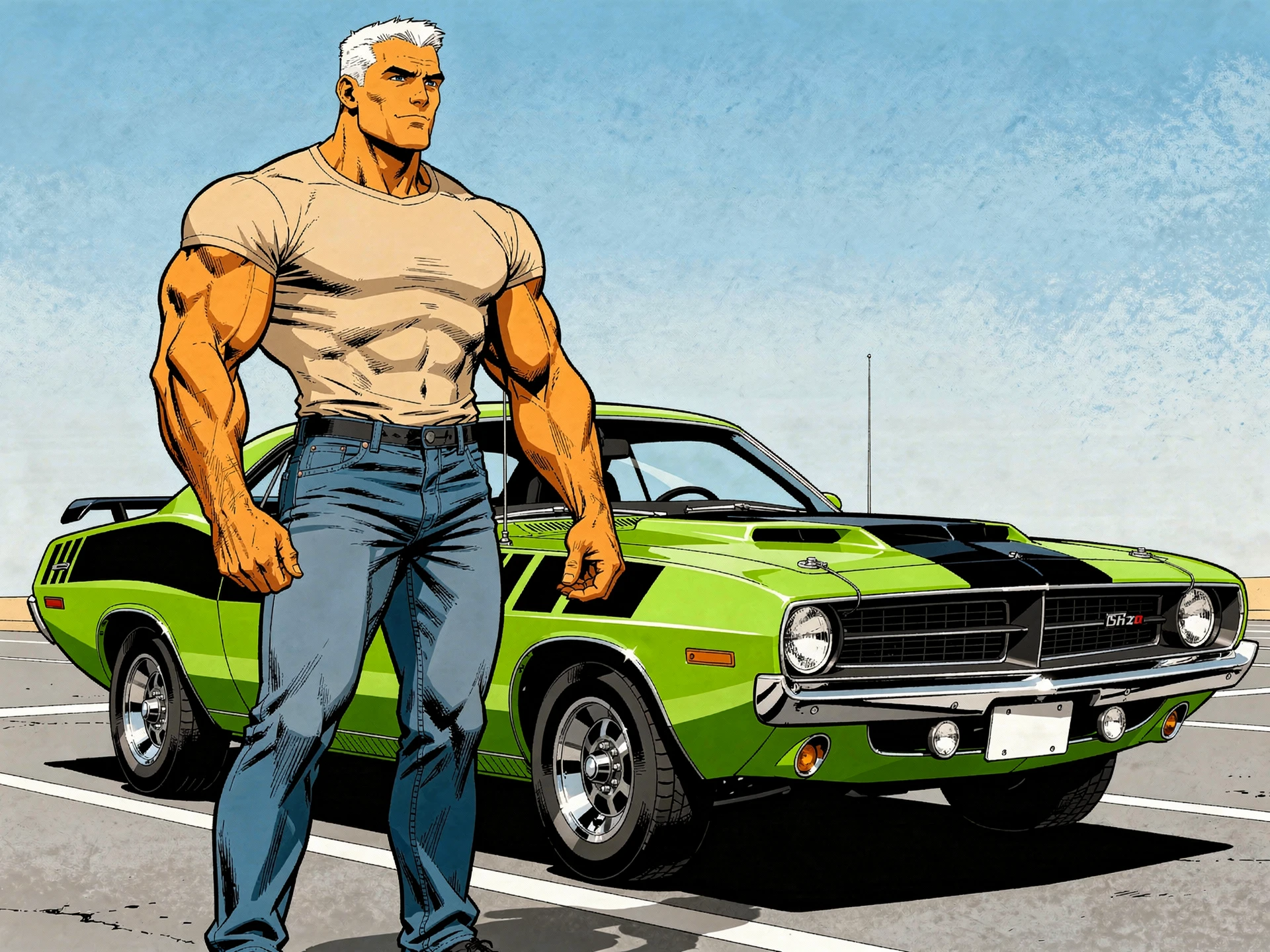 Homem extremamente musculoso de jeans ao lado de carro clássico verde