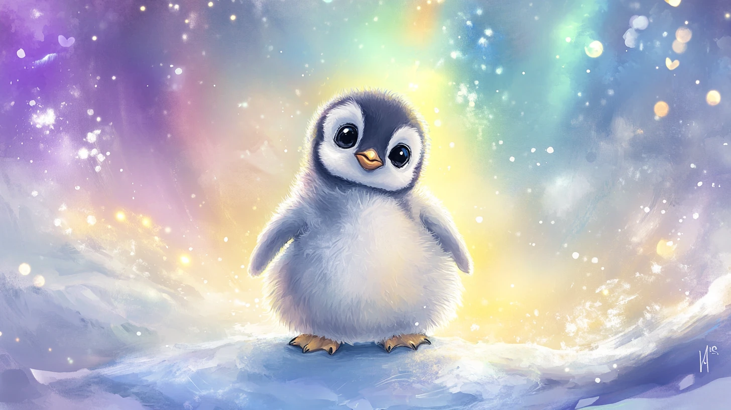 Adorable bebé pingüino sobre hielo flotante bajo un cielo de aurora colorida