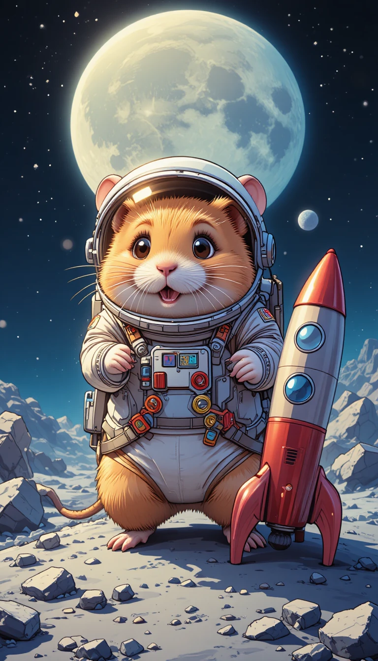 Adorable hamster doré astronaute debout sur la Lune avec une fusée