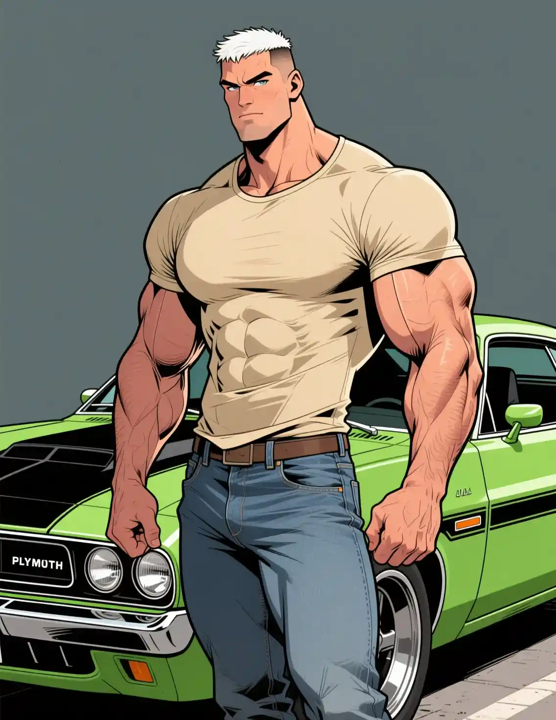 Massiv muskulöser Mann neben einem safety-grünen Muscle-Car