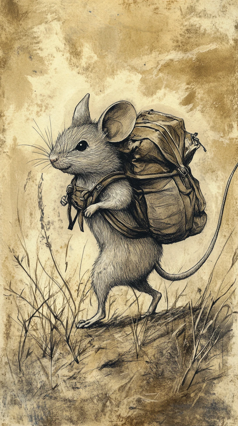 Pequeno rato viajante carregando uma mochila pesada