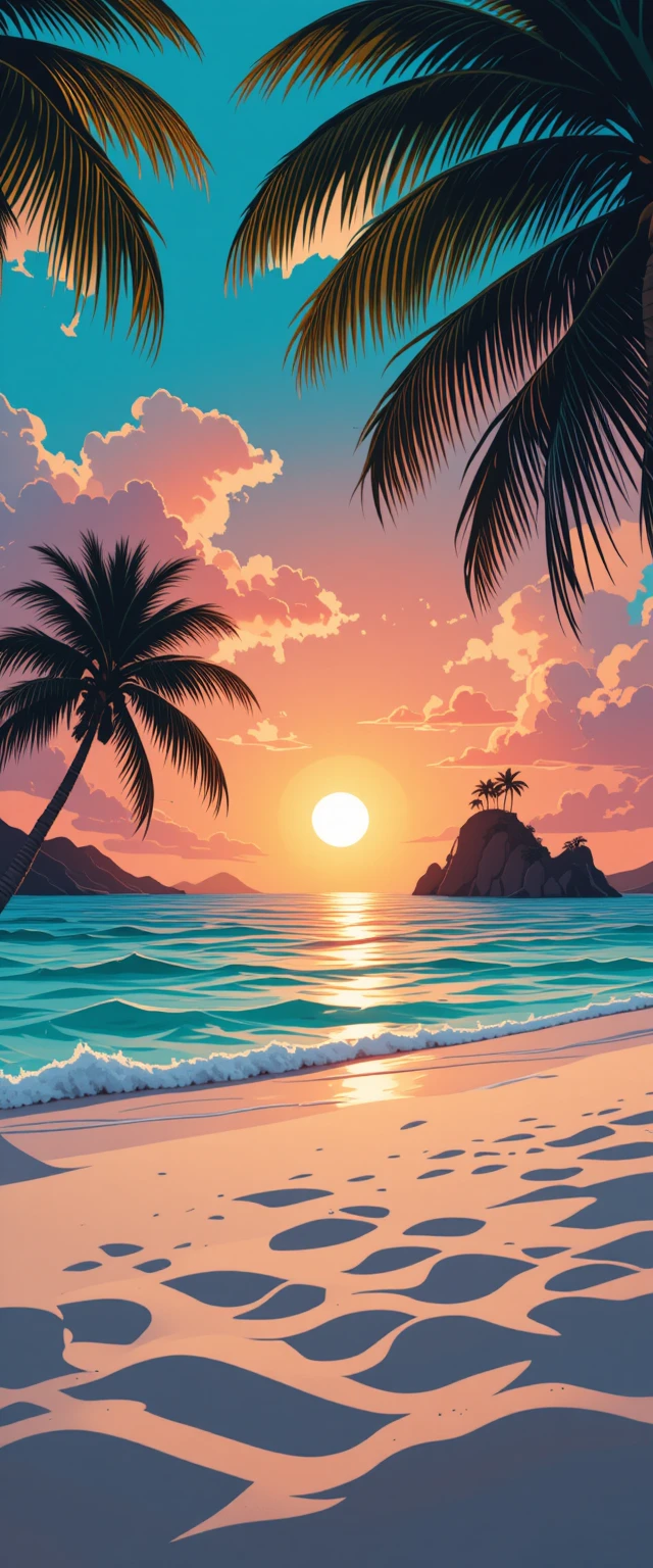 Amanhecer tropical sobre oceano turquesa e praia com palmeiras