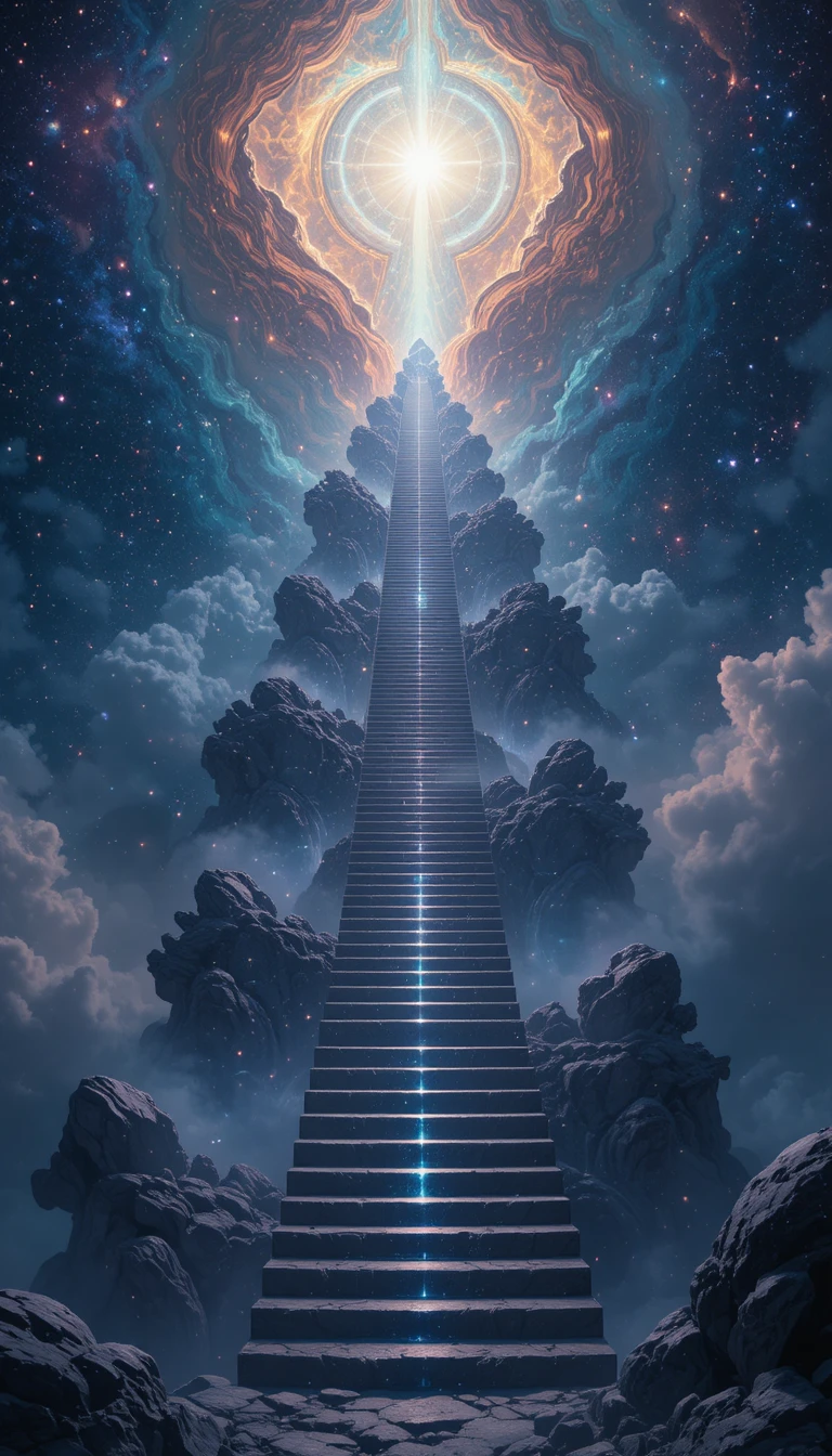 Endlose Treppe, die sich durch Sterne und kosmische Nebel erhebt