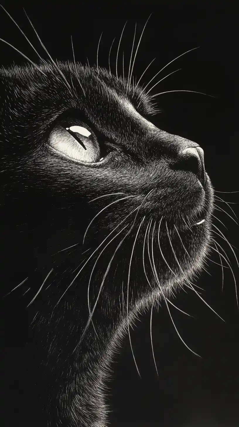 Extreme close up scratchboard portrait of a black cat