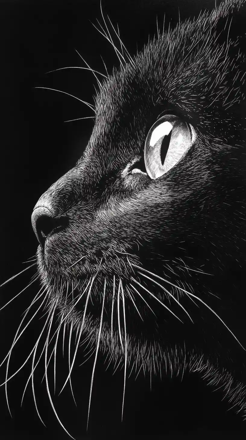 Ritratto in primissimo piano di un volto di gatto nero su scratchboard