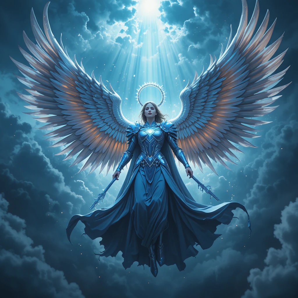 Celestial warrior angel descending through stormy heavenly clouds