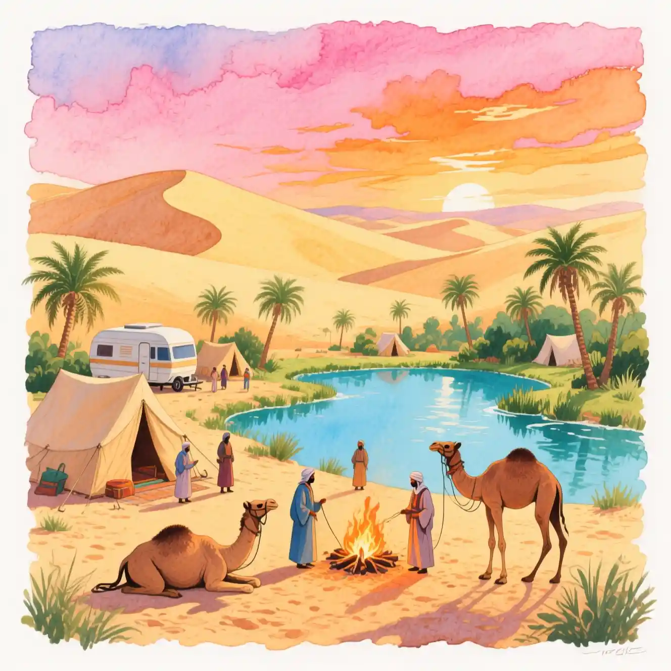 Caravana Descansando en un Oasis del Desierto al Cálido Atardecer