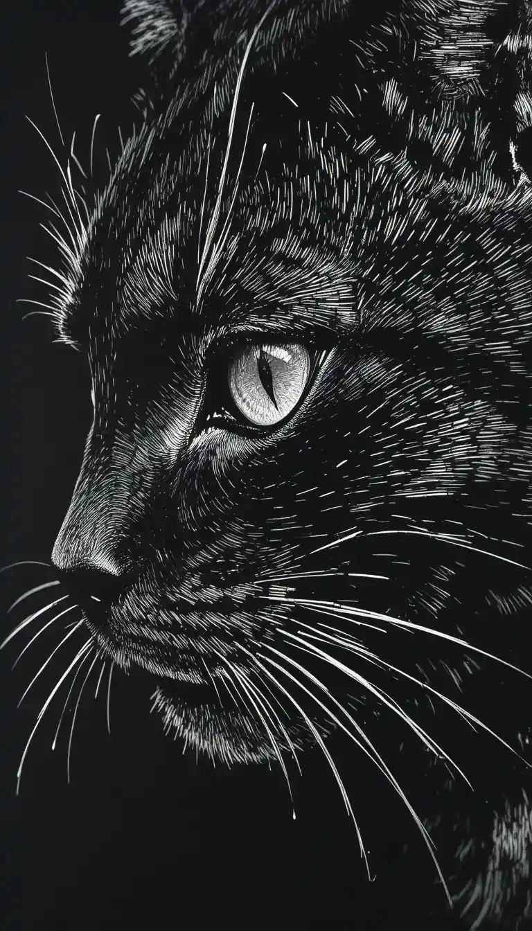 Extreme close up scratchboard portrait of a black cat
