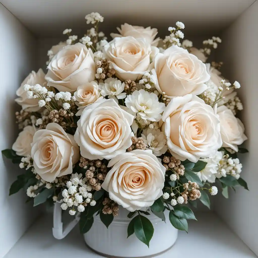 Elegante buquê de rosas brancas em caixa aquarela cintilante