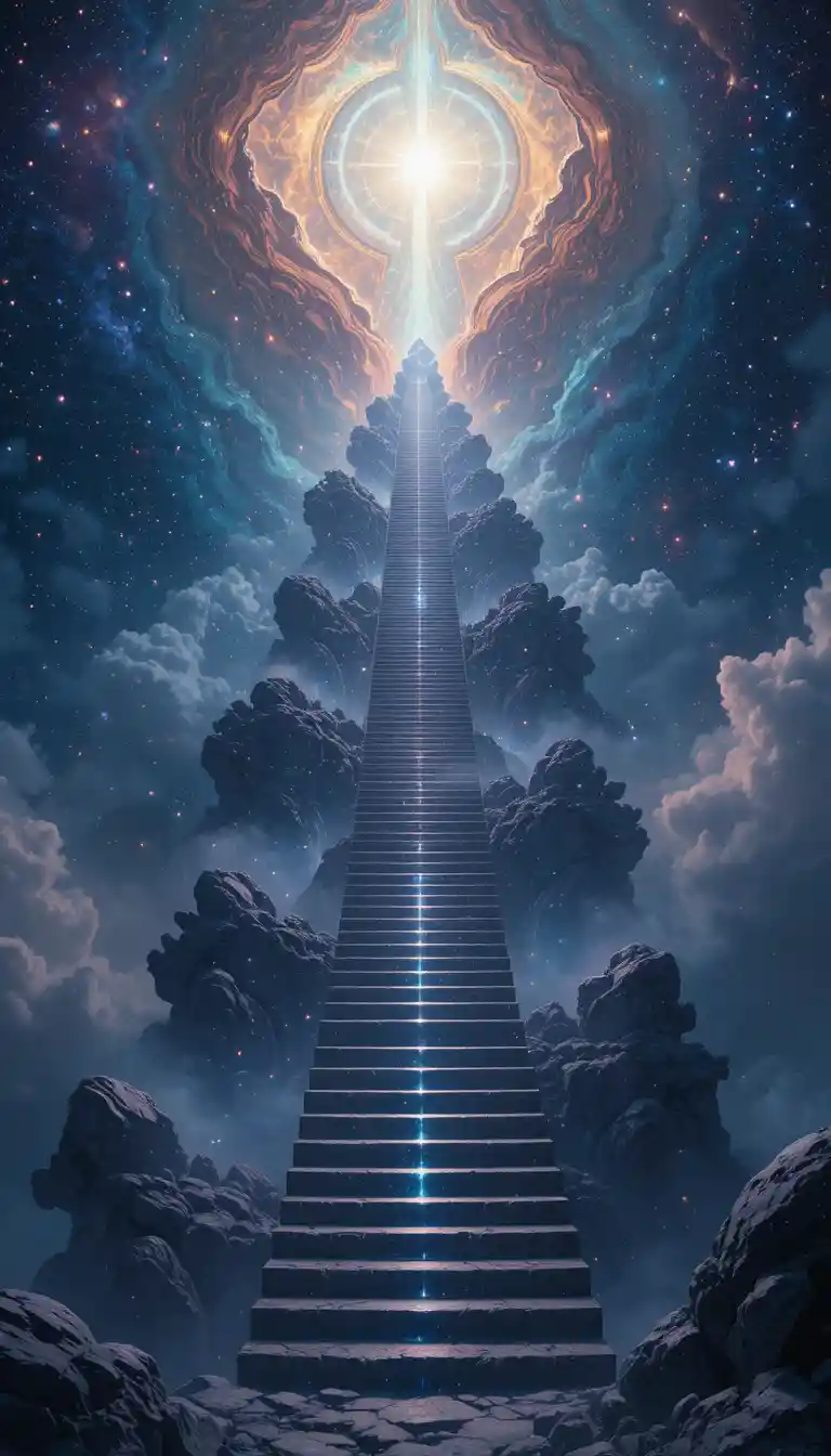 Endless staircase rising through stars and cosmic nebulae