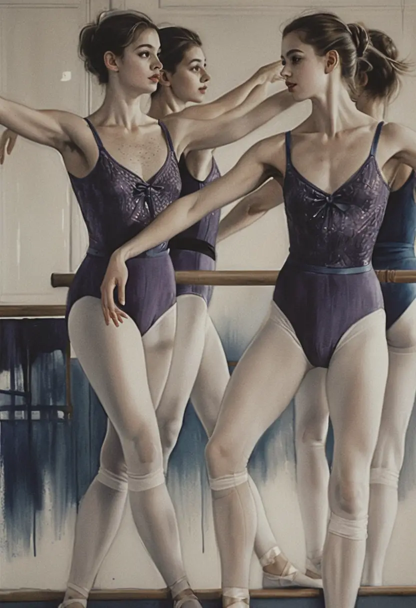 Tre giovani ballerine alla sbarra in uno studio silenzioso