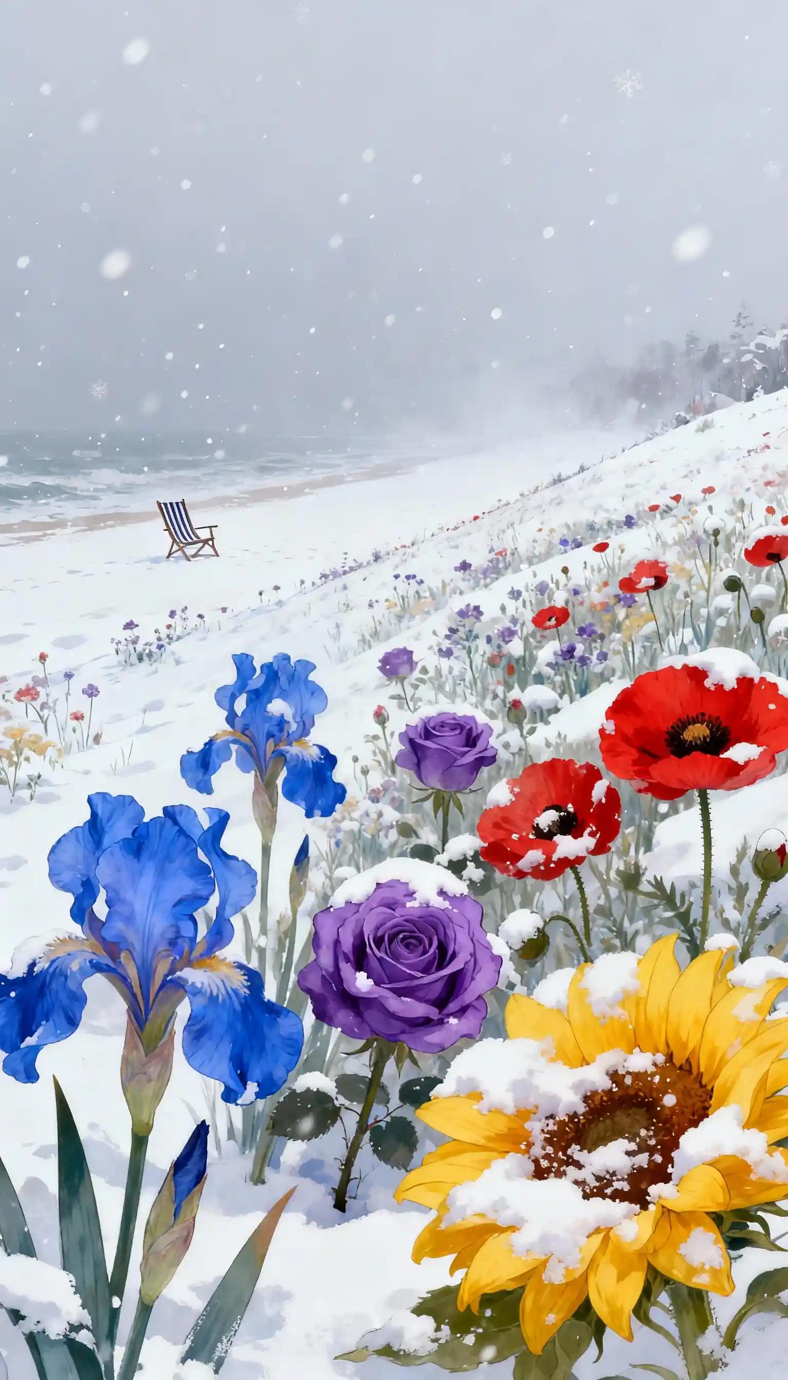 Campo surreal de flores nevadas com cadeira de praia solitária ao longe