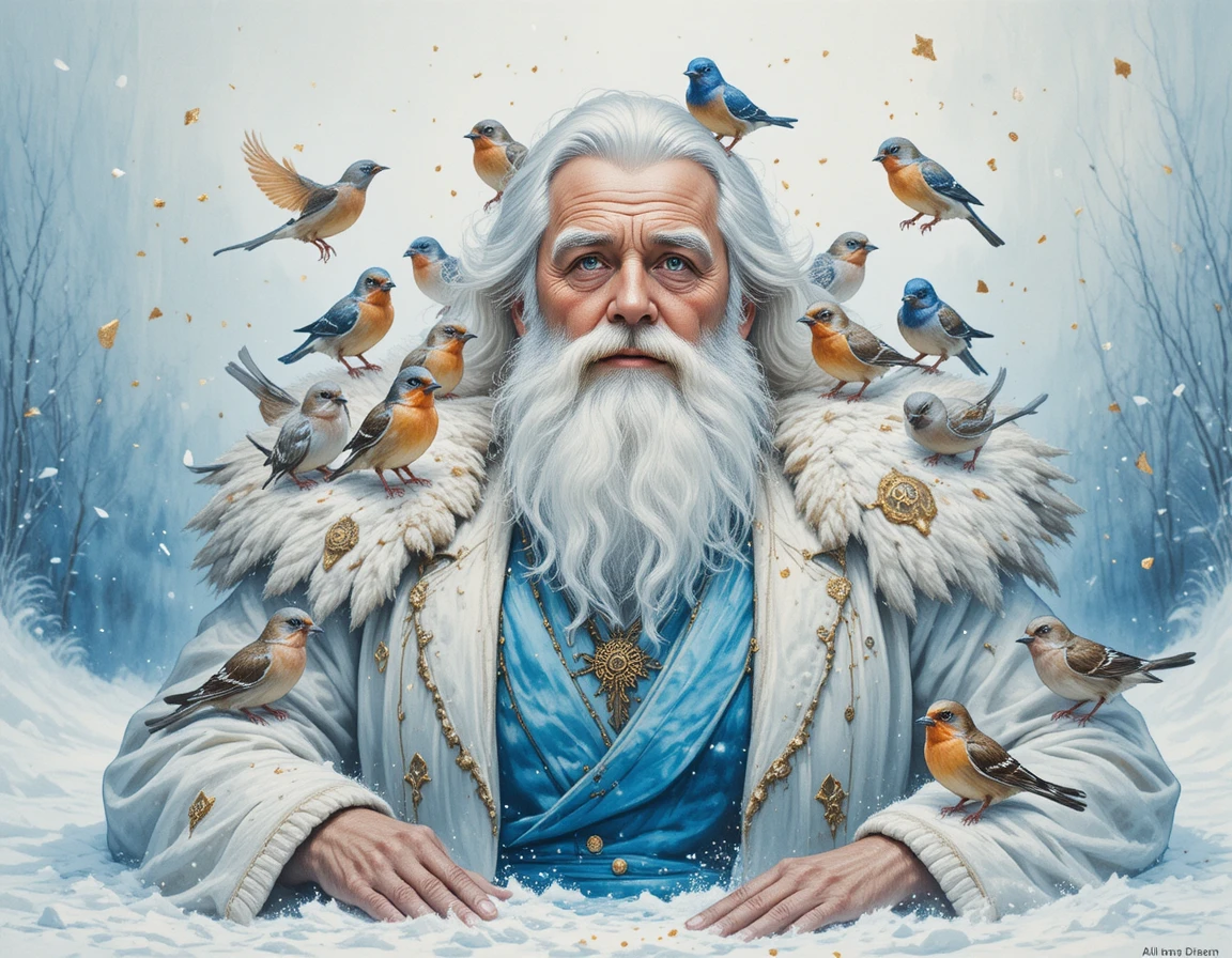 Gentil velho de neve cercado por pássaros coloridos