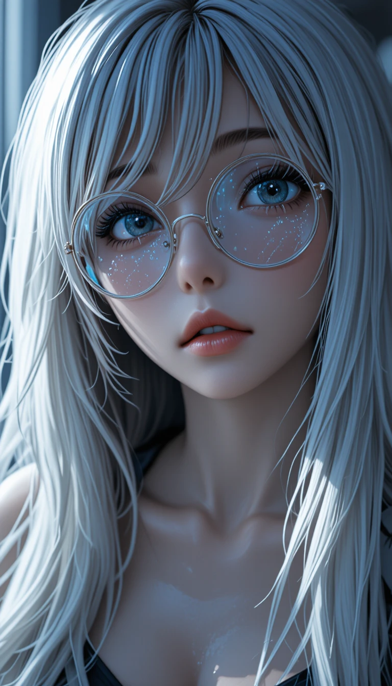 Anime-Mädchen Nahaufnahme mit runder Silberbrille und weißen Haaren