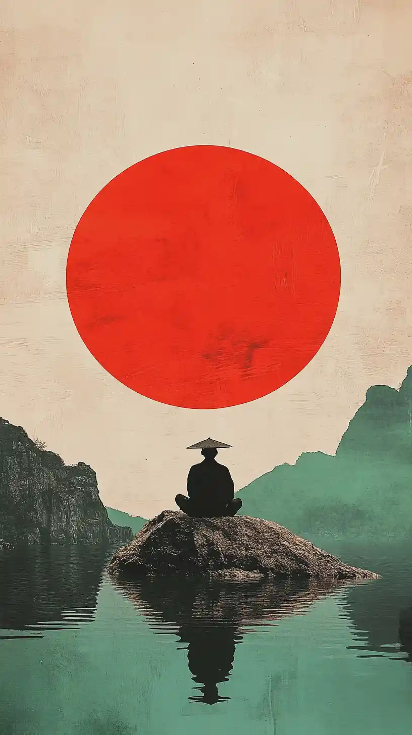 岩石上獨自面向巨大的紅色太陽的人影