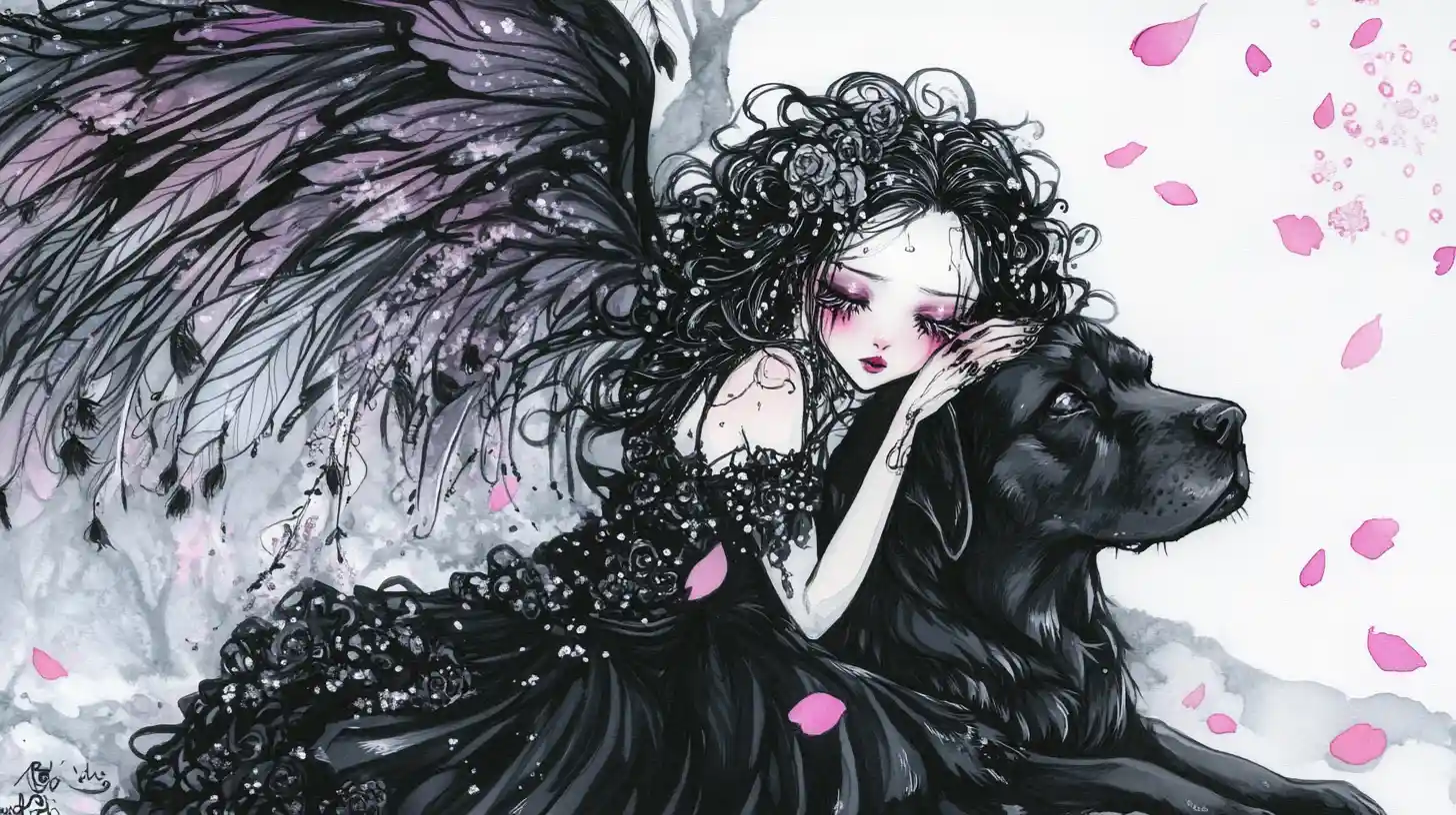 Melancholisches Goth-Feenmädchen mit Rottweiler im Tintenstil