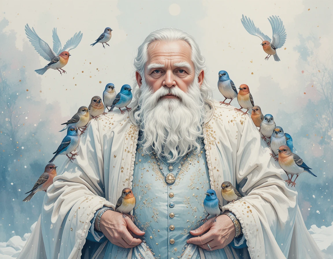 Doux vieil homme dans la neige entouré d’oiseaux colorés