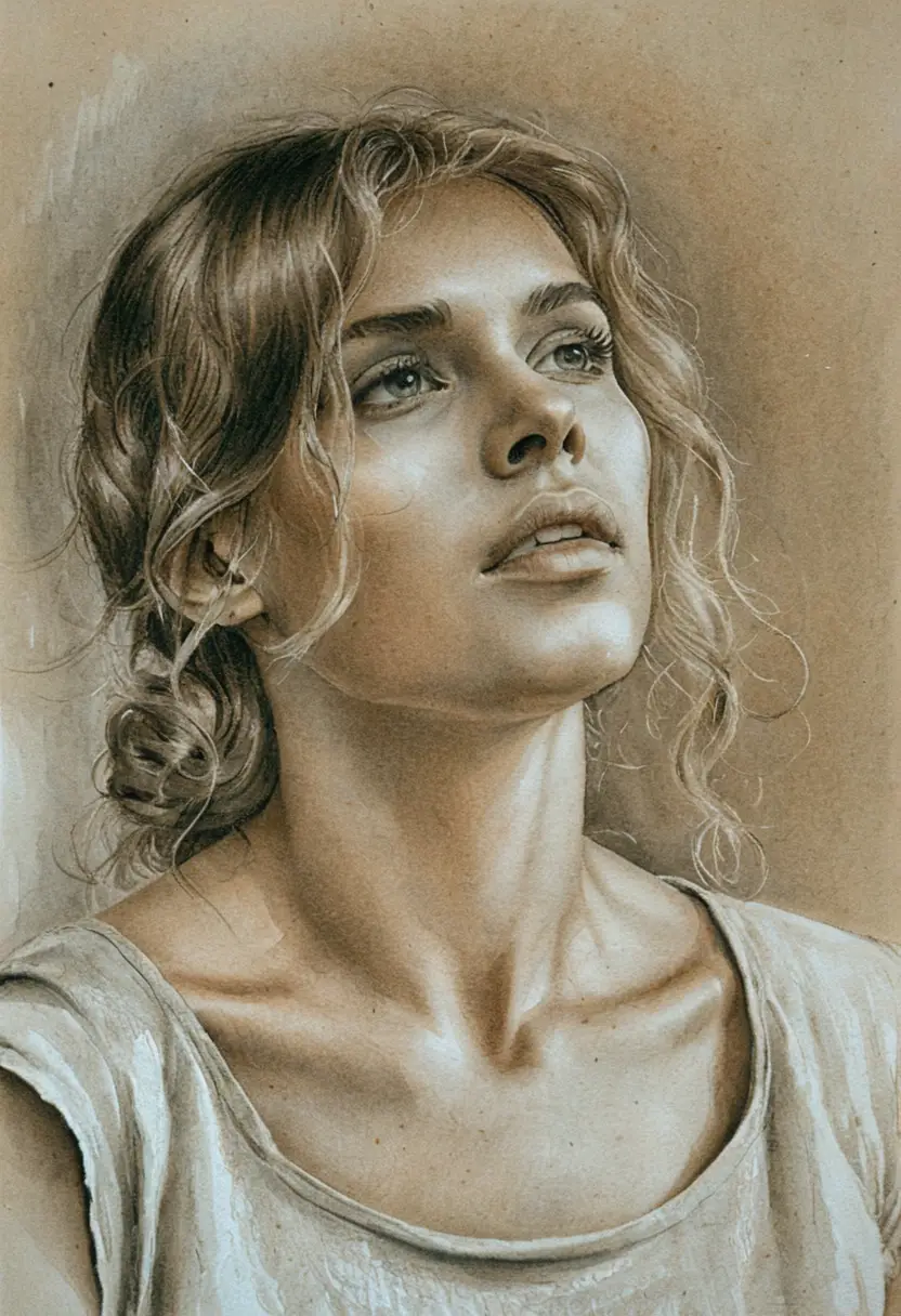 Retrato a carvão de uma jovem serena em papel cinza