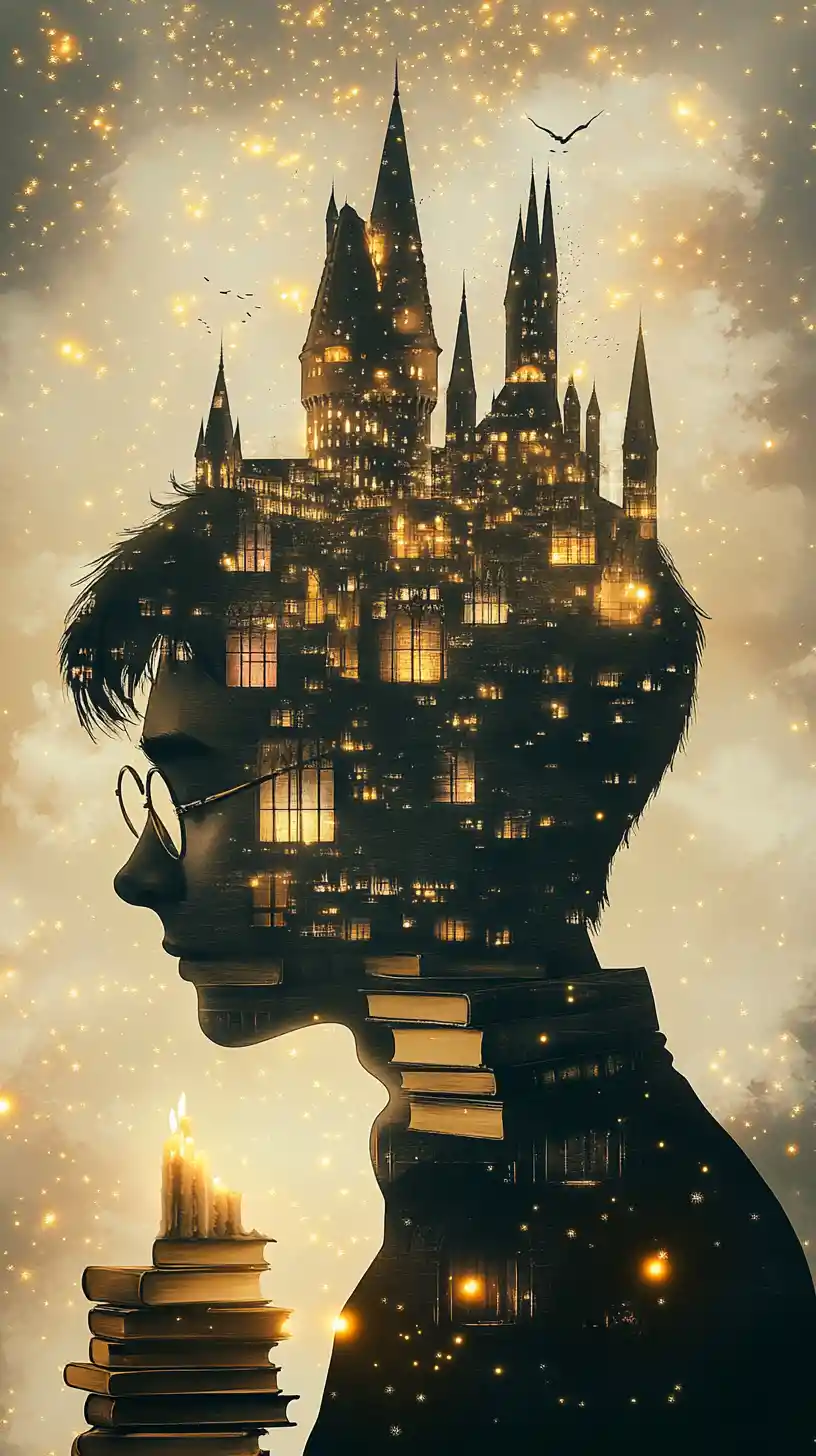 Silhouetted wizard face filled with glowing magic castle