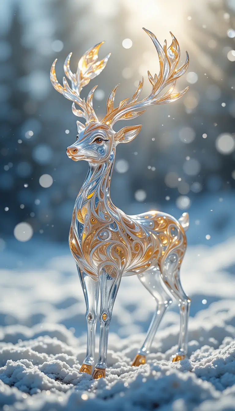 Sculpture de renne en verre brillant doucement au soleil d’hiver