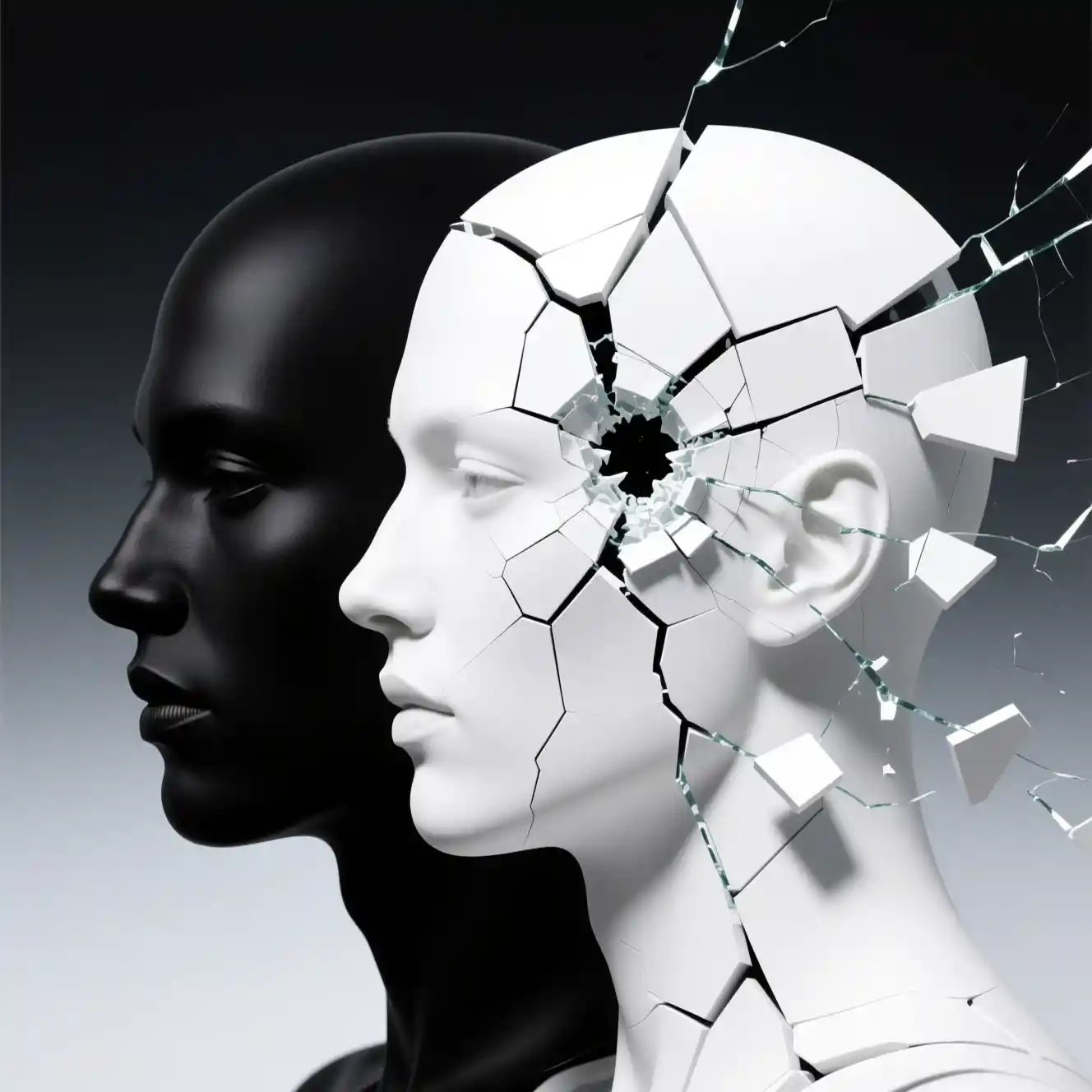 Surreal dual human profiles in stark black and white contrast