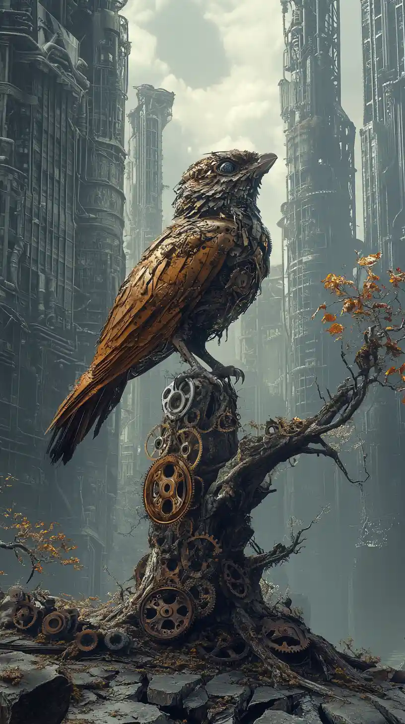 Mechanical bird overlooking a decaying haze covered city