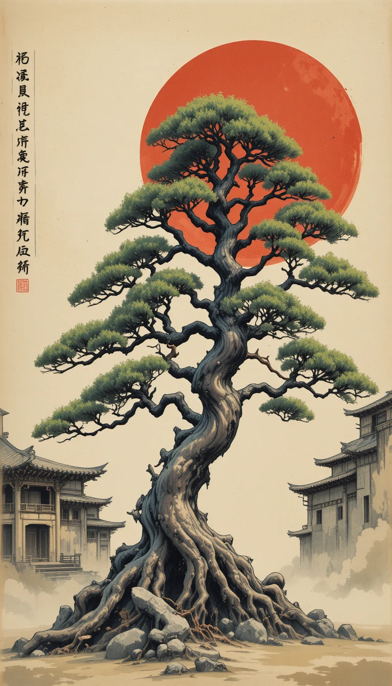 Antiga árvore de bonsai diante de ruínas etéreas e sol vermelho