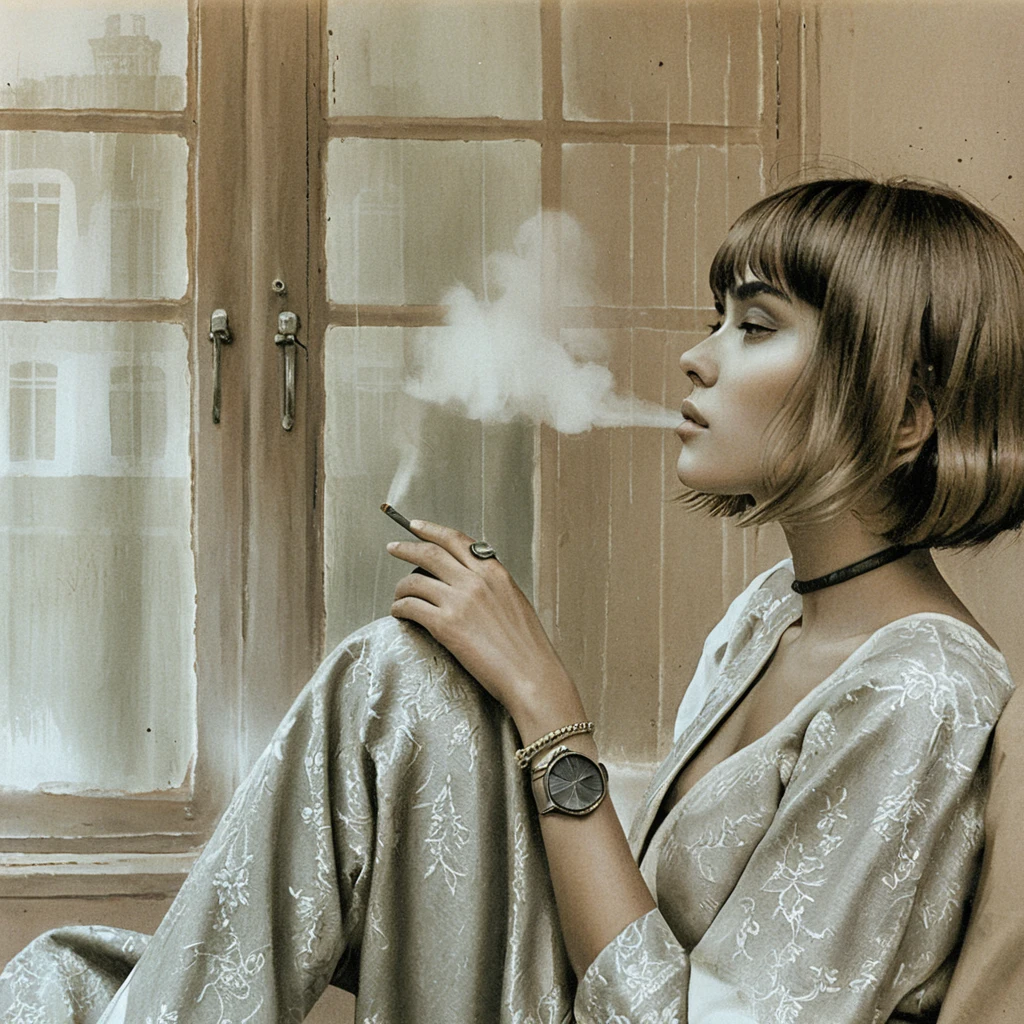 Donna asiatica pensierosa che fuma accanto a una finestra industriale sotto la pioggia