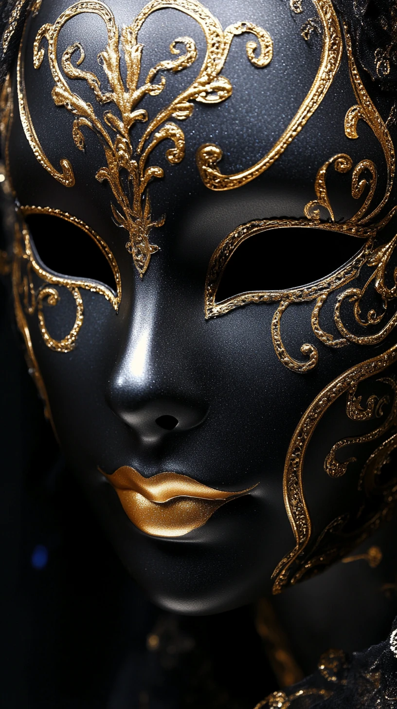 Retrato em close de máscara veneziana luxuosa preta e dourada