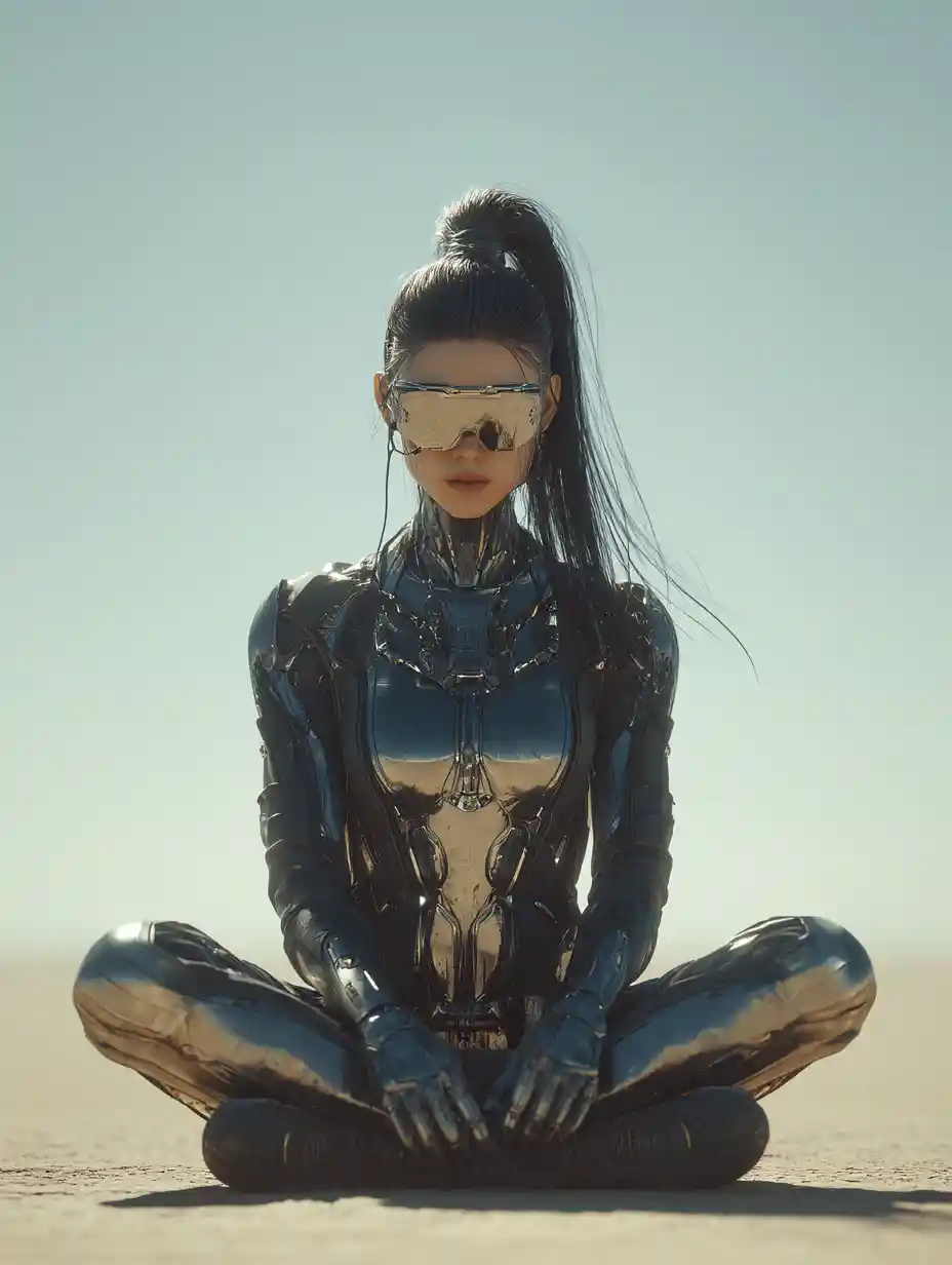 Futuristic woman meditating cross legged in a sunlit desert