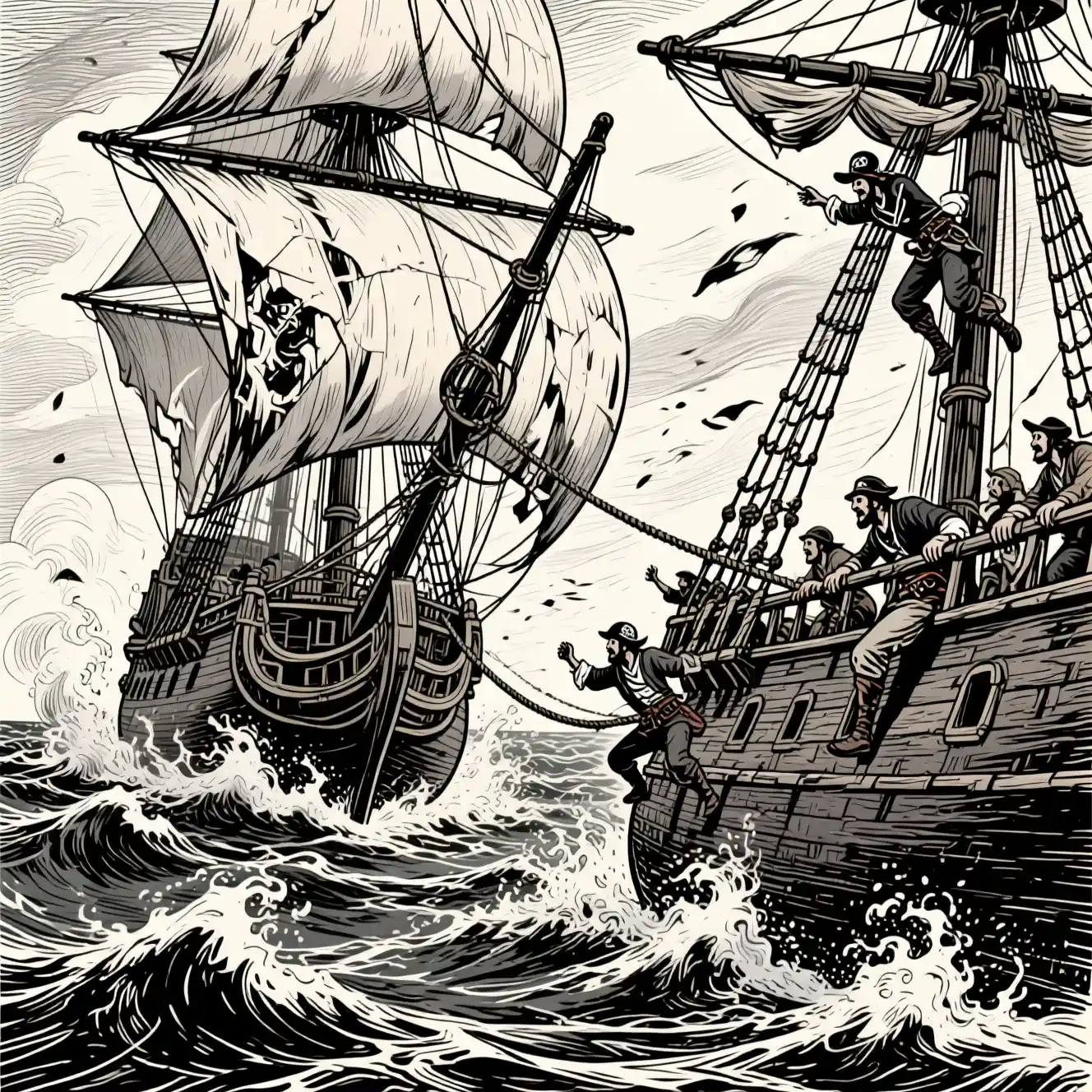 Piratenschiff kämpft in einem tobenden Sturm gegen ein Handelsschiff