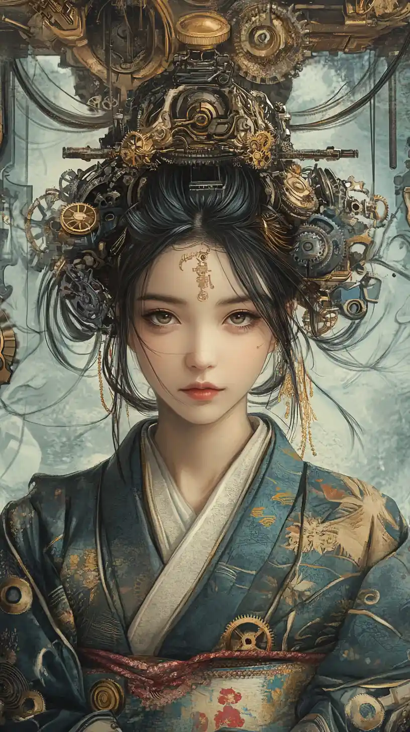 Retrato de geisha steampunk con kimono mecánico ornamentado