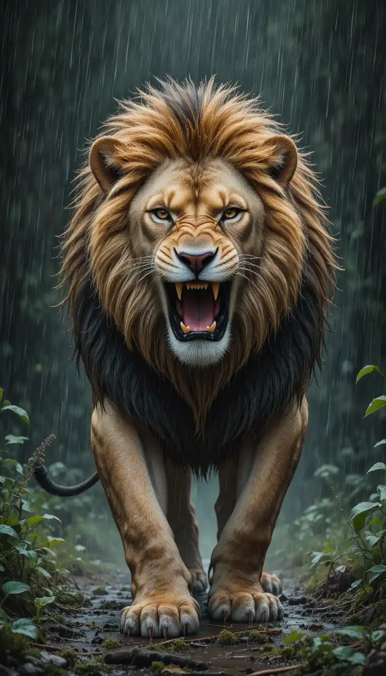 Roaring male lion walking forward in heavy rain