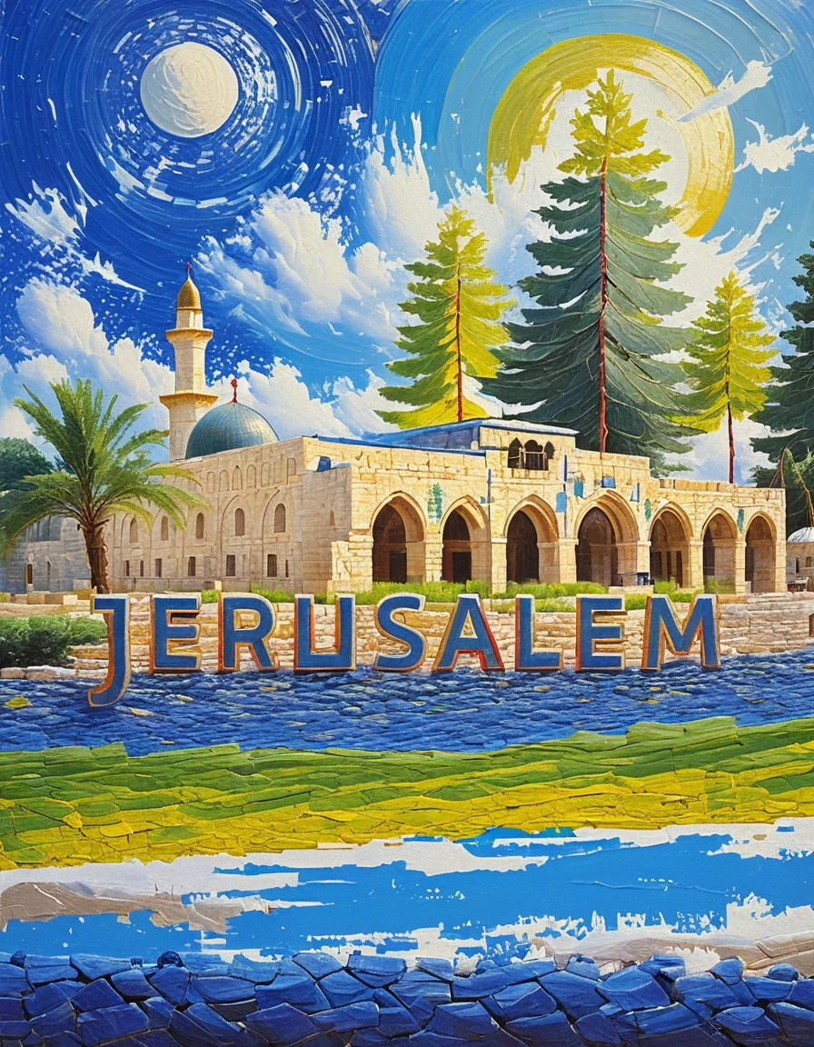 Pintura a óleo em impasto de Jerusalém com a mesquita de Al-Aqsa