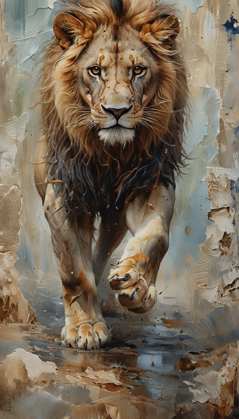 Roaring male lion walking in heavy rain toward camera