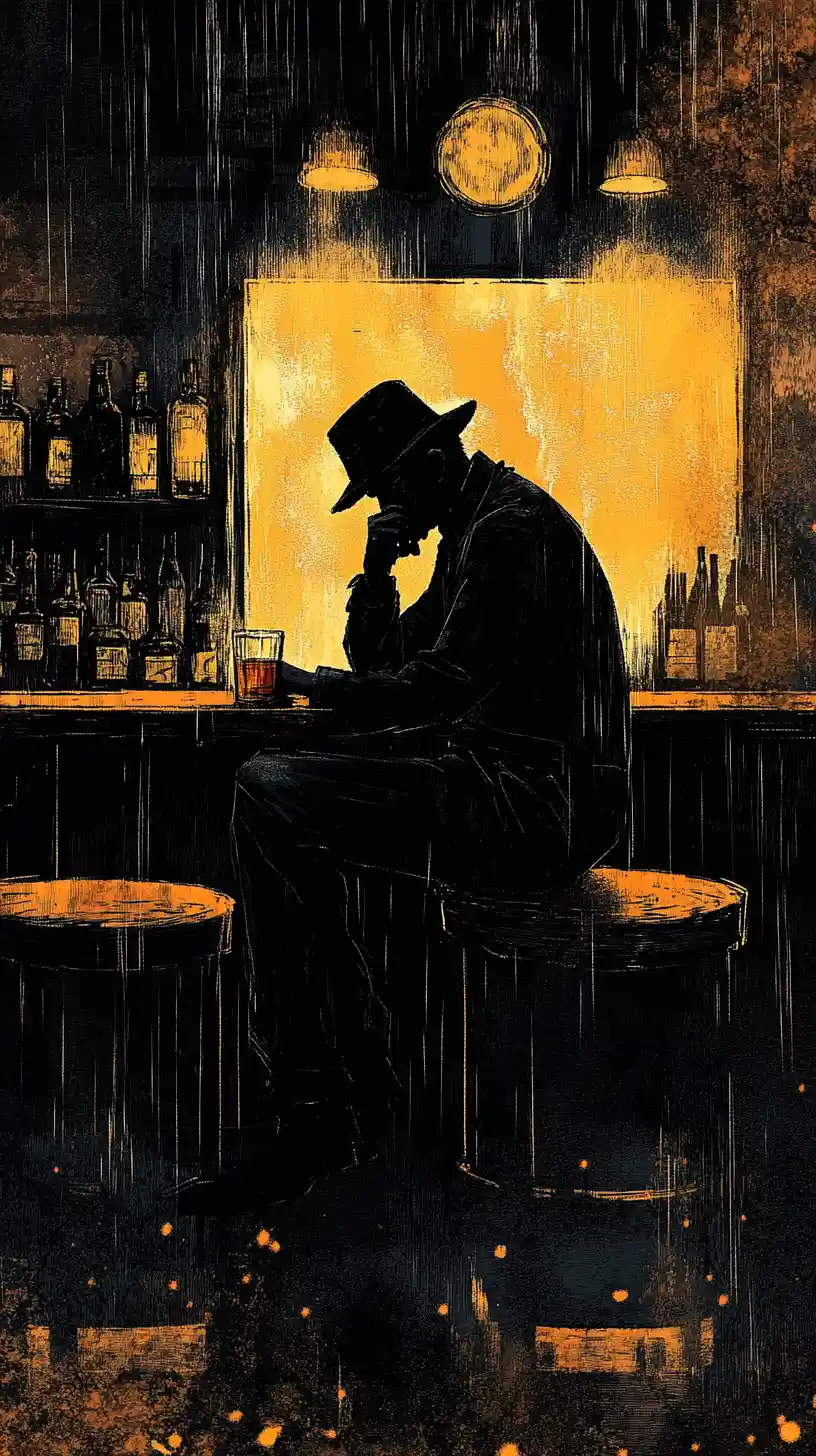 Einsamer Detektiv in einer düsteren Bar im Noir-Comic-Stil