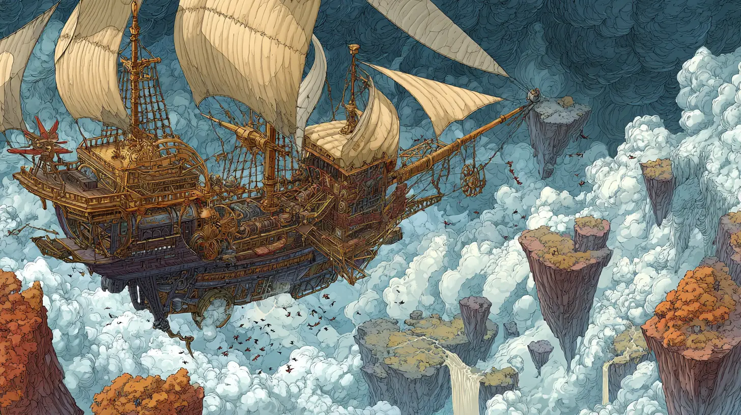 Steampunk airship sailing among towering floating islands