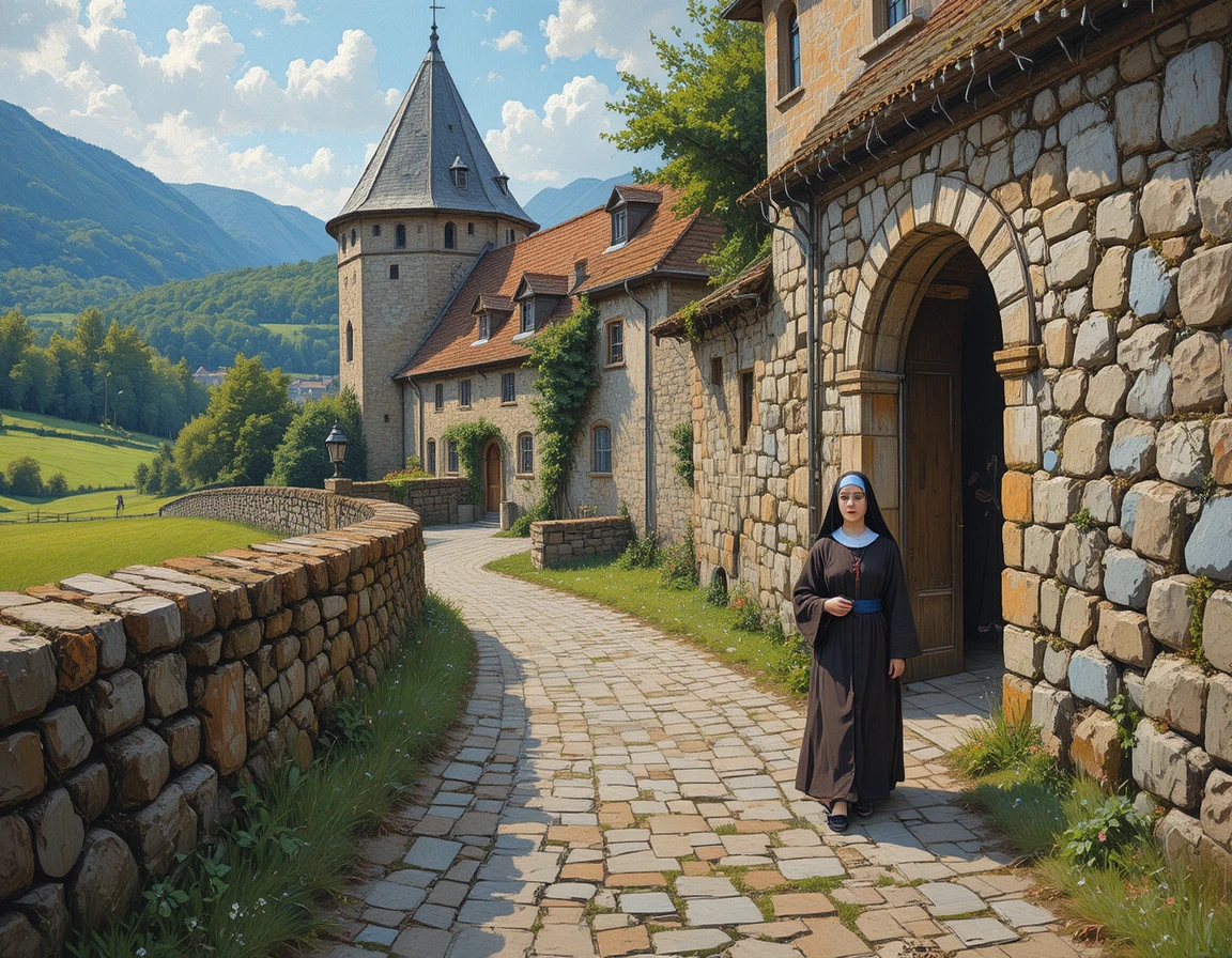 Des nonnes portant un chaudron en cuivre le long du mur d’un couvent