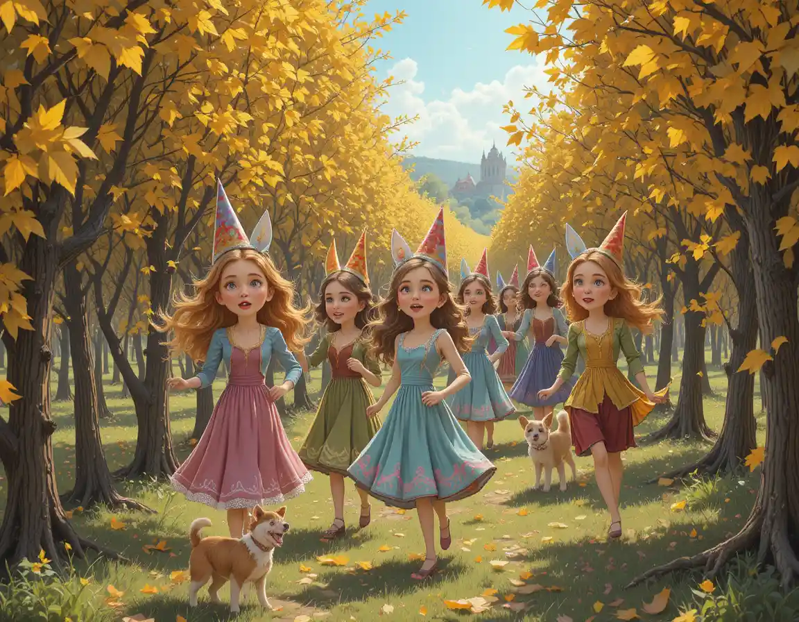 Girls with knotted kerchiefs walking among yellow vineyard leaves