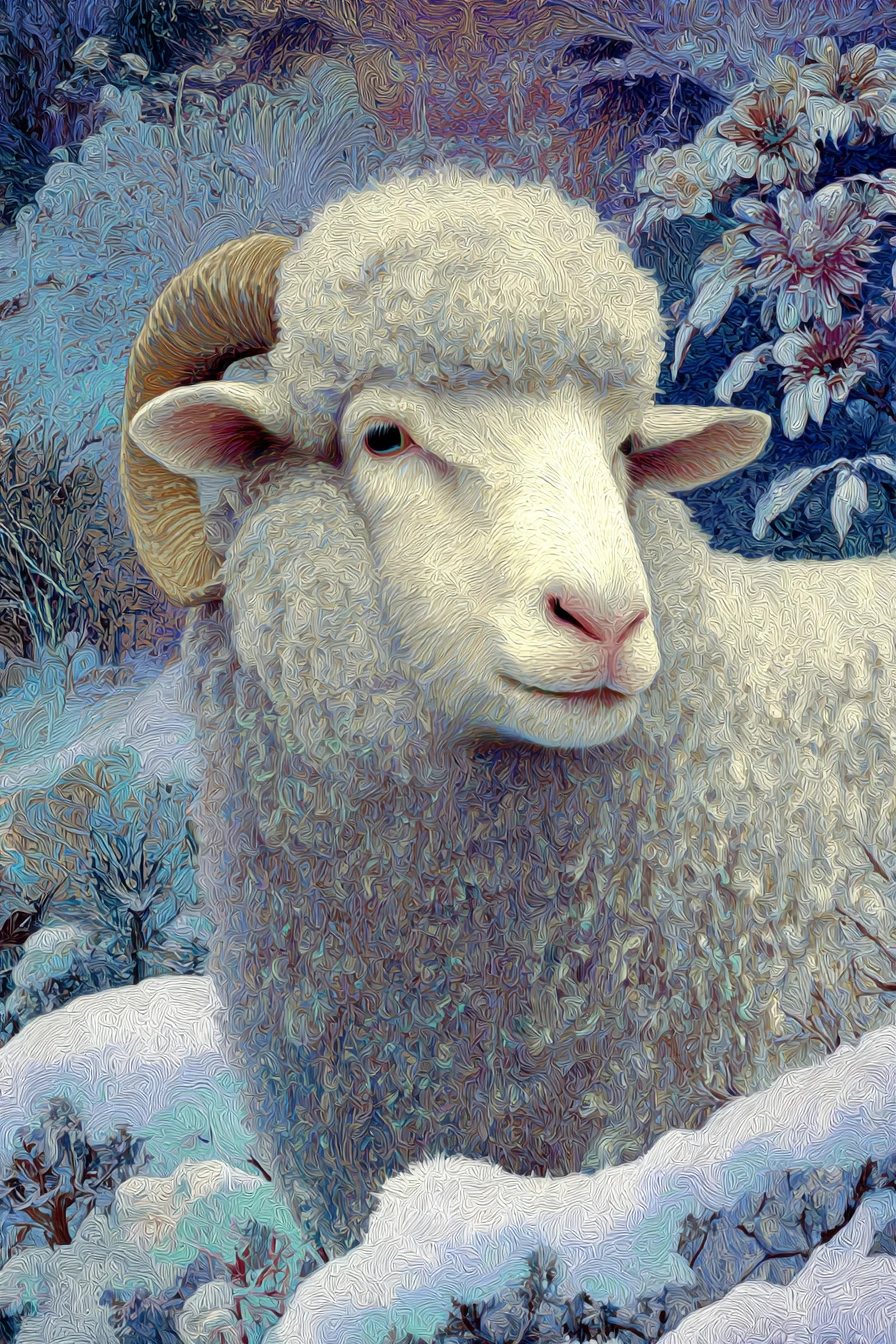 Pecora antropomorfa eterea in un paesaggio fantasy innevato