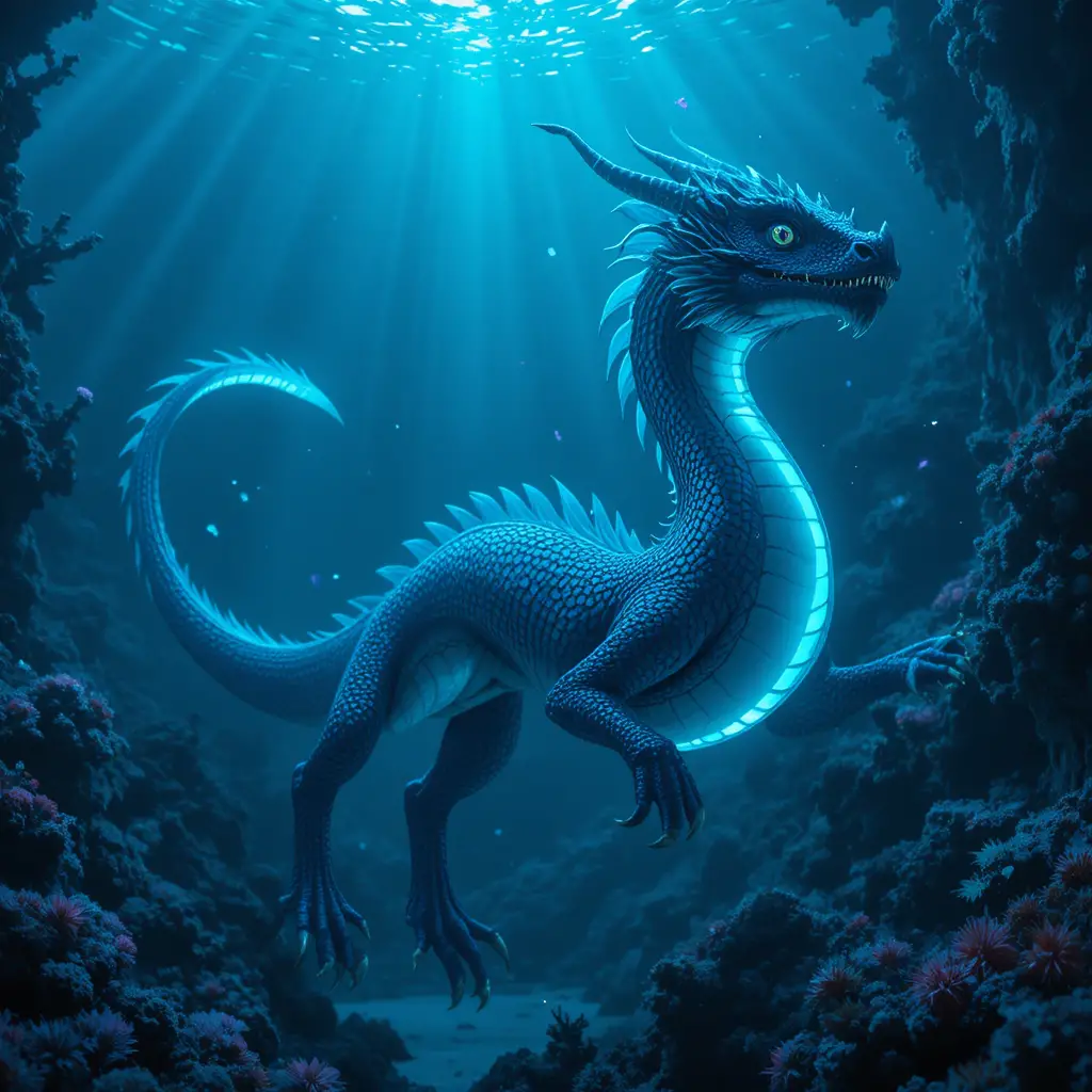 Königlicher Drache, der durch einen leuchtenden Korallen-Meerespalast schwimmt