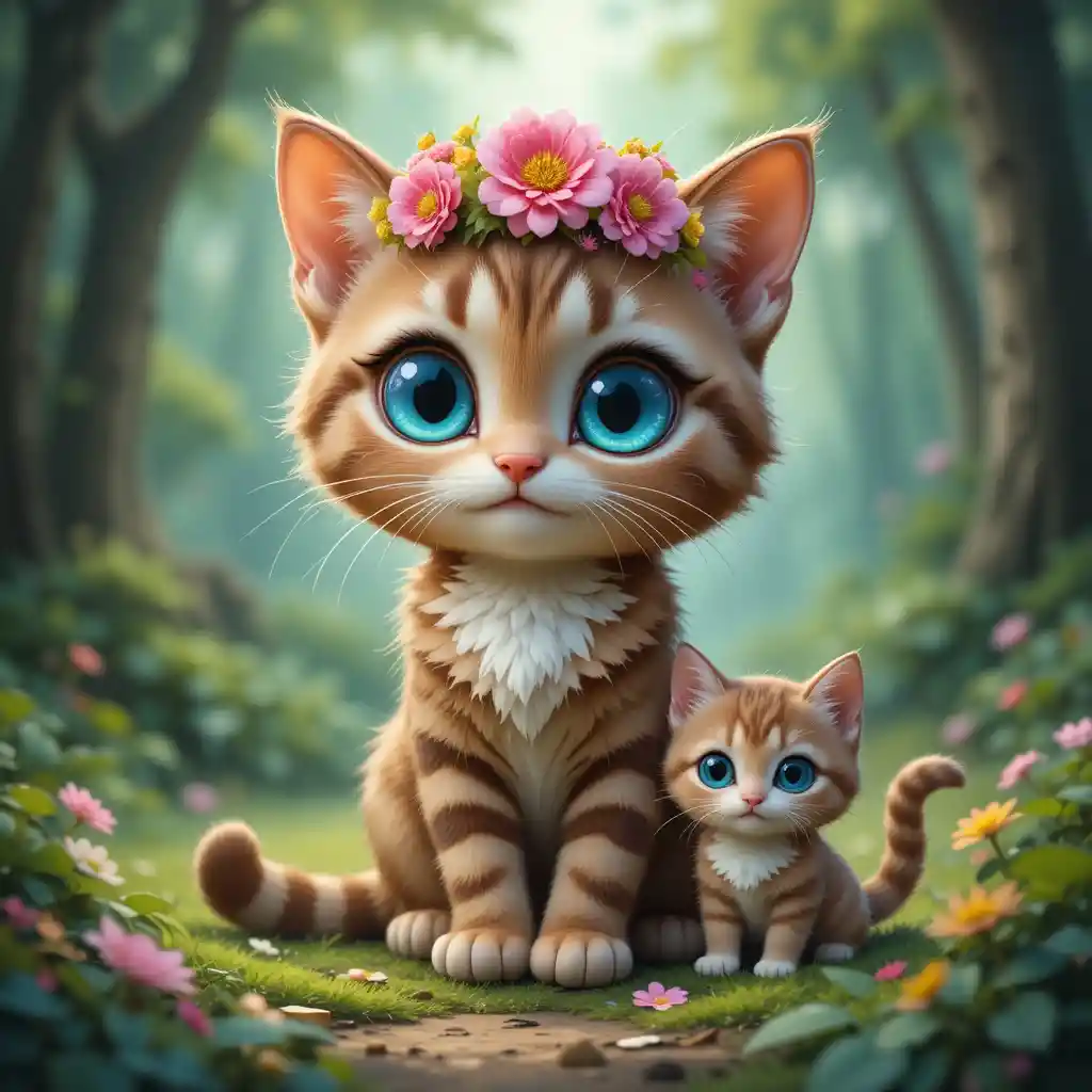 숲속 꽃 왕관을 쓴 파란 눈의 갈색 고양이