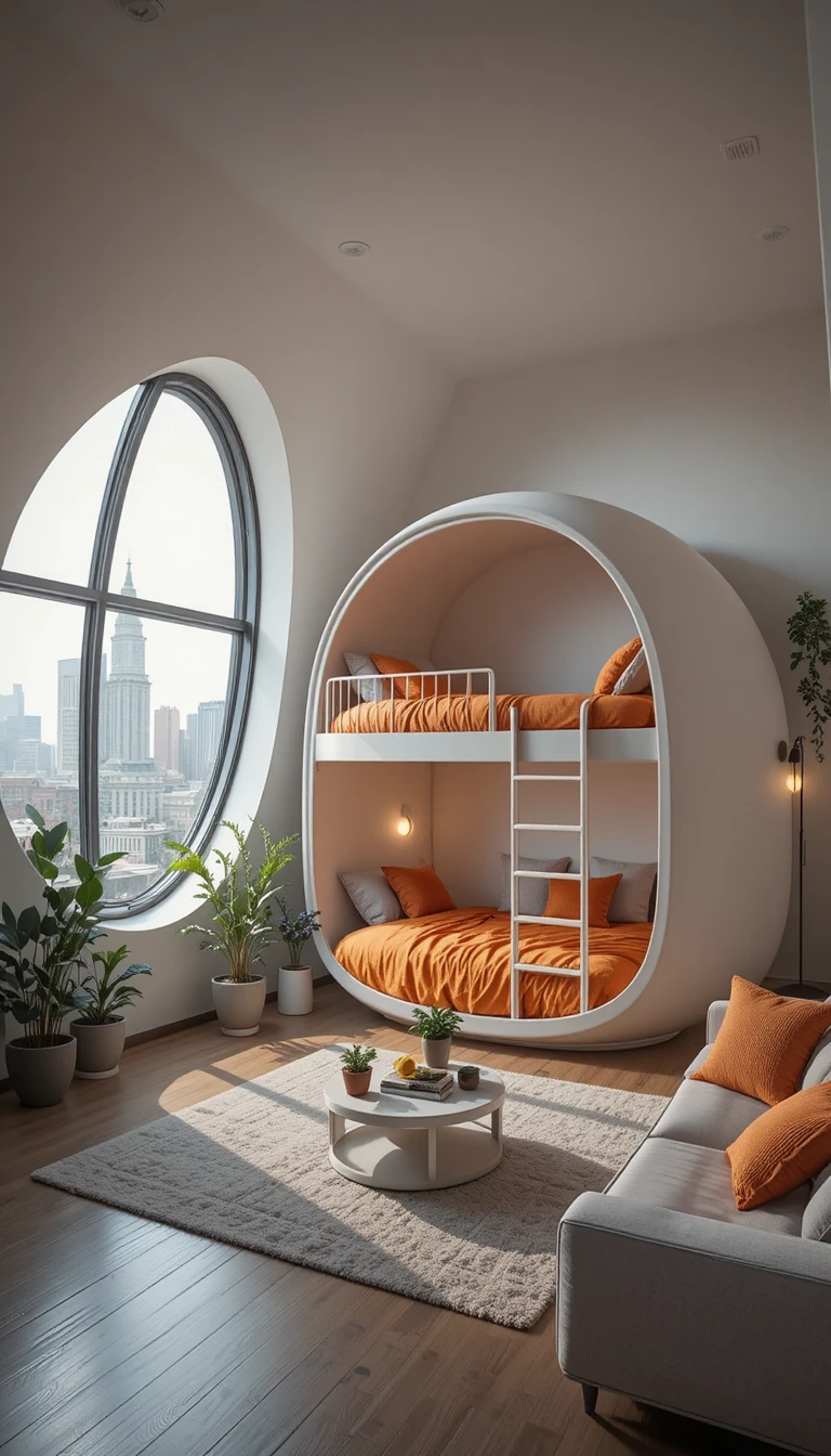 Camera loft moderna con letto a castello a pod e finestra sulla città