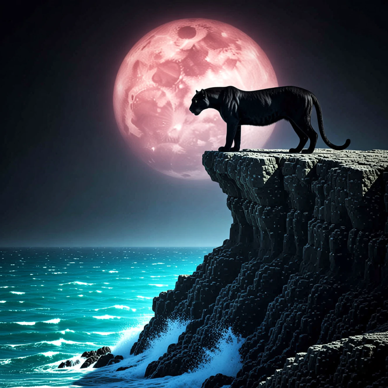 Tigre noir sur une falaise au clair de lune au-dessus des vagues déchaînées