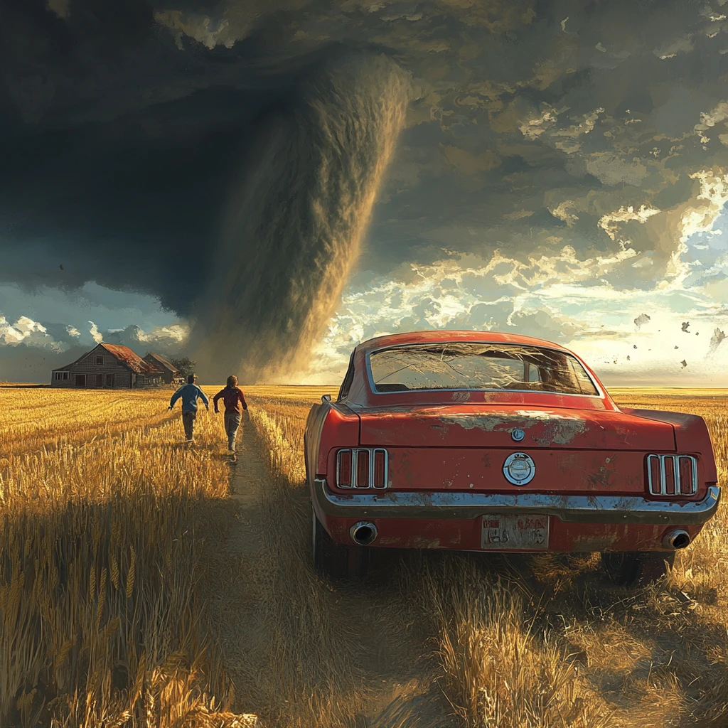 Carro vermelho vintage em estrada rural antes de um tornado