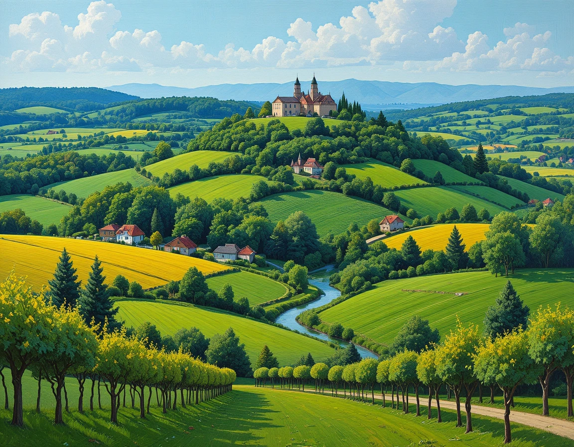 Vallée de campagne paisible avec rivière et pins lointains