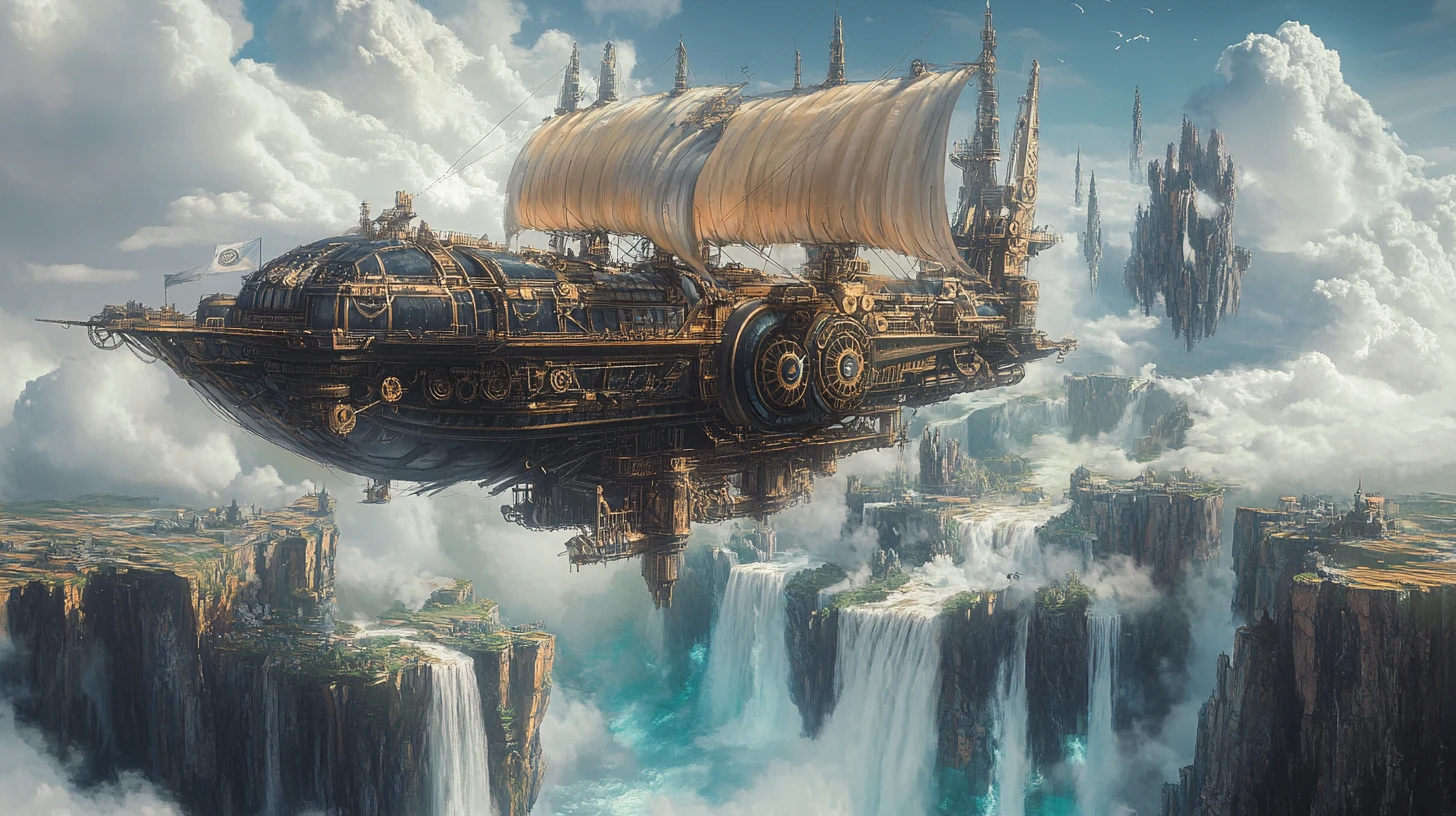 Steampunk airship sailing among towering floating islands