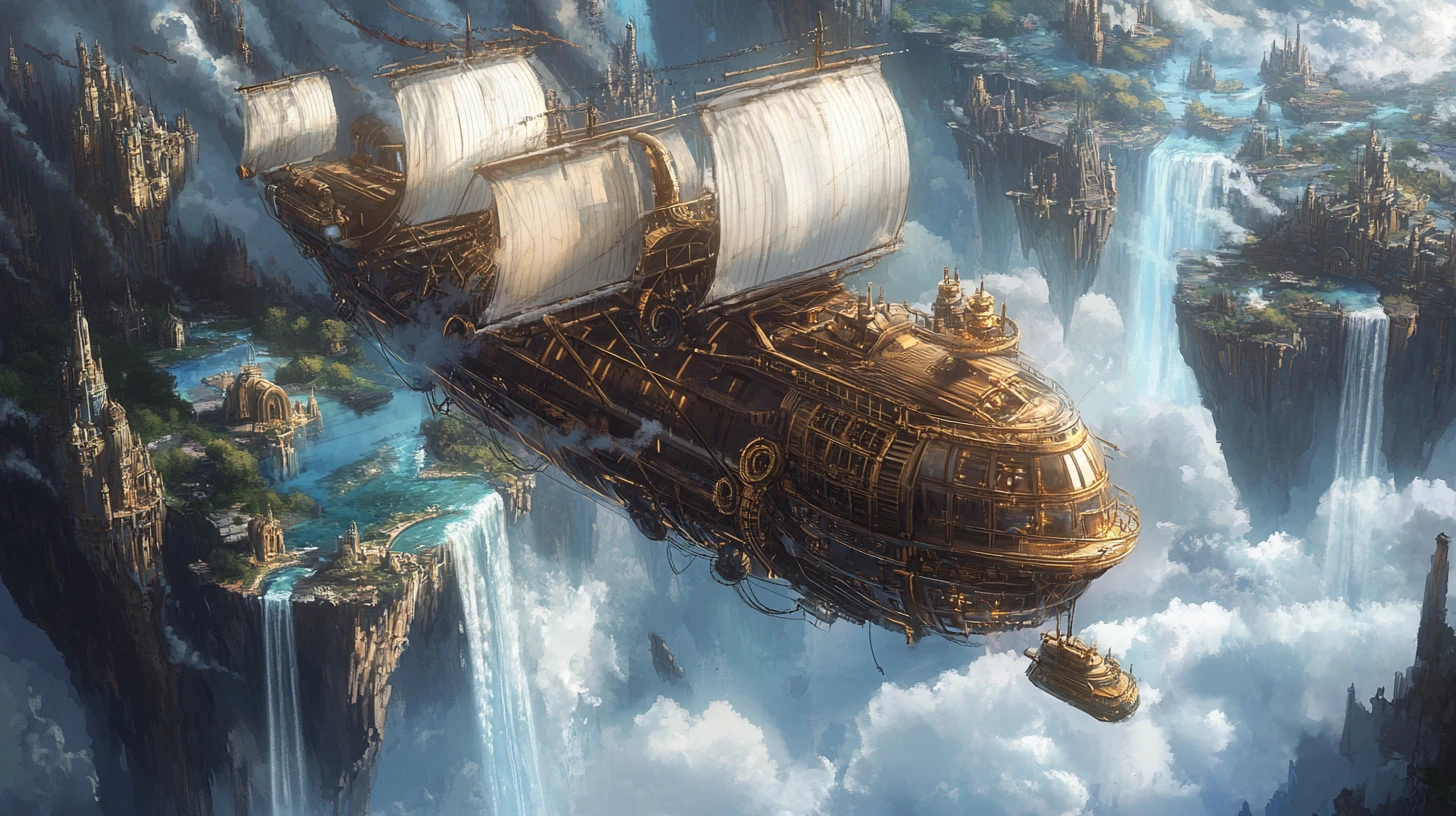 Steampunk-Luftschiff segelt zwischen gewaltigen schwebenden Inseln