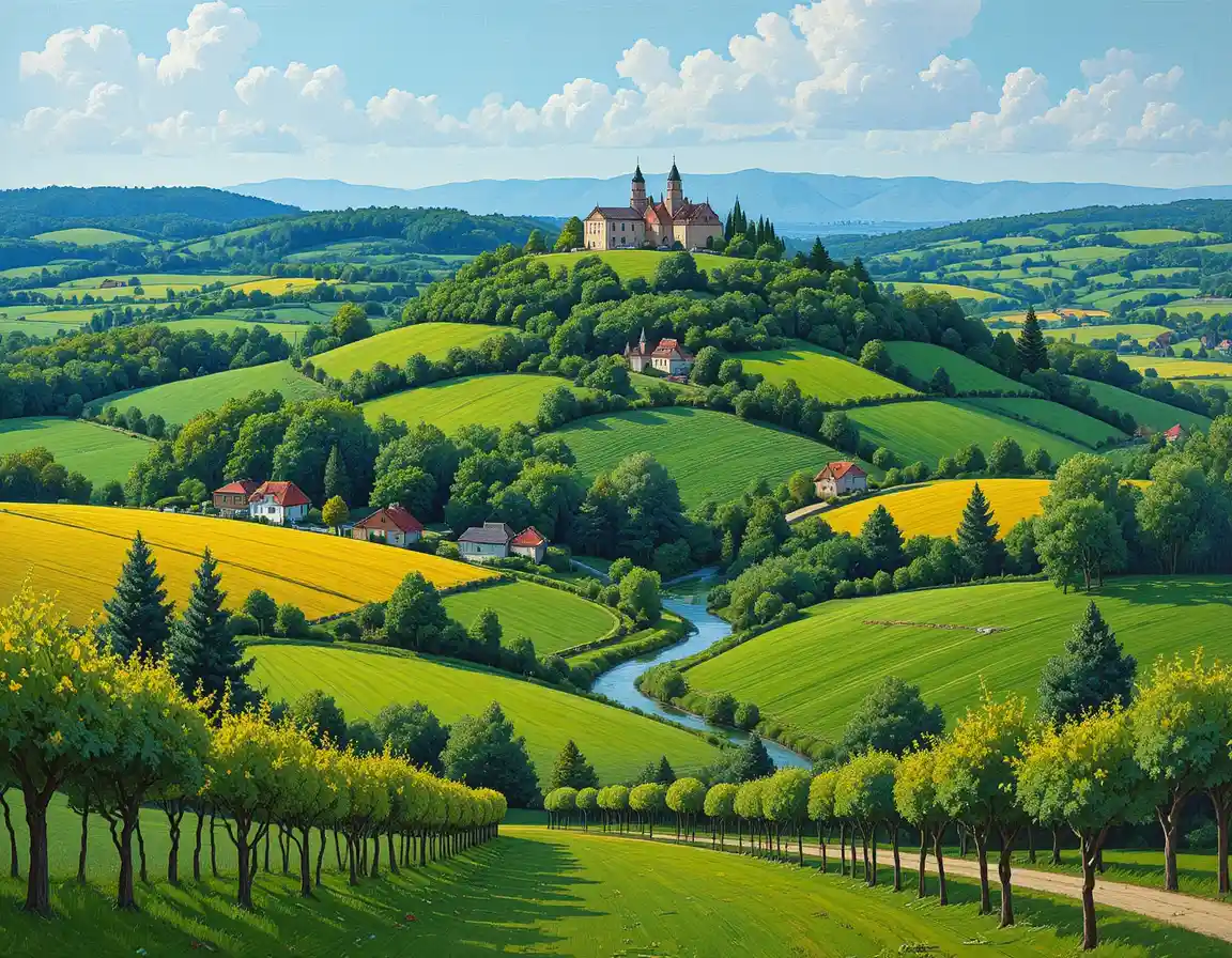 Peaceful countryside valley with river and distant pines