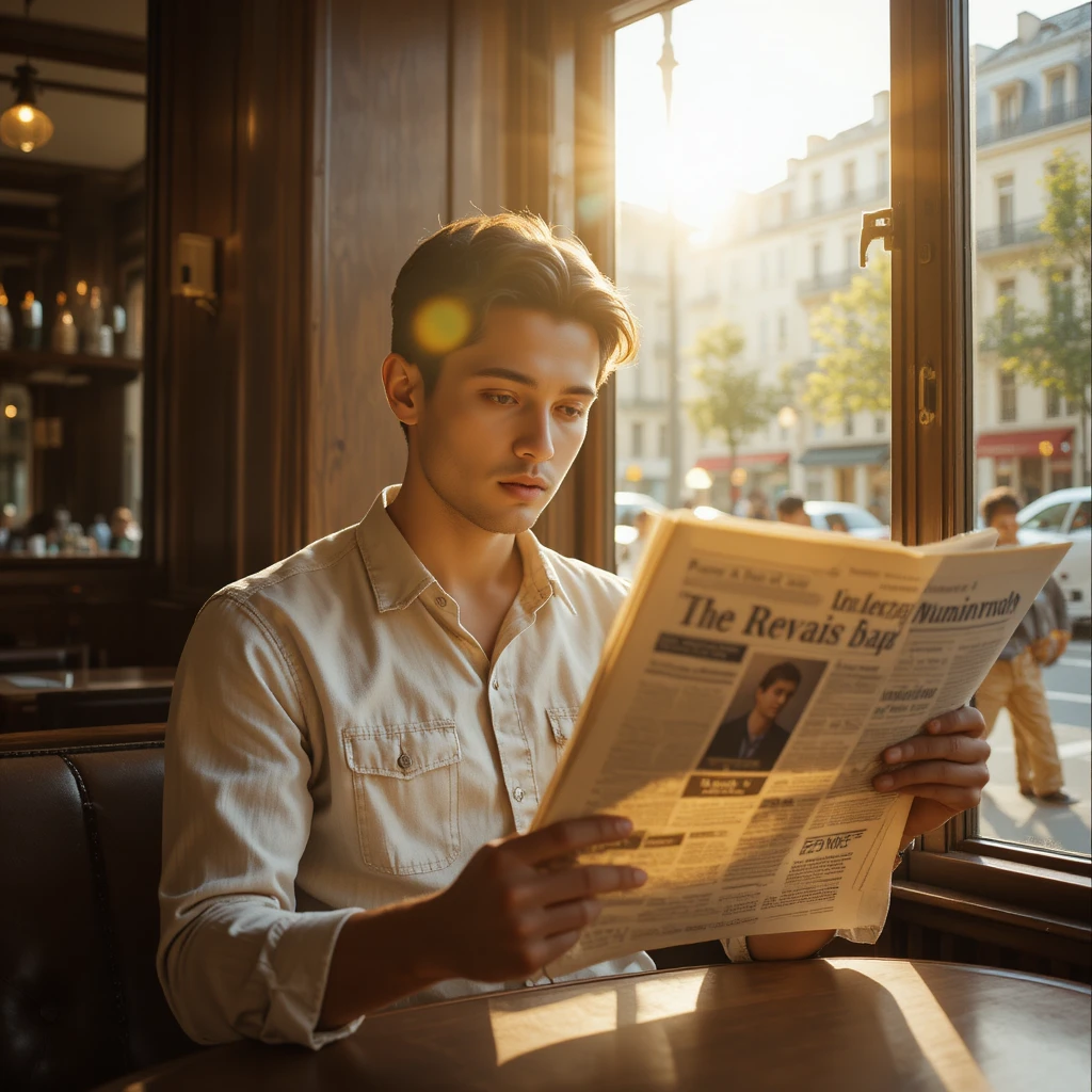Young man reading a newspaper in a Parisian cafe